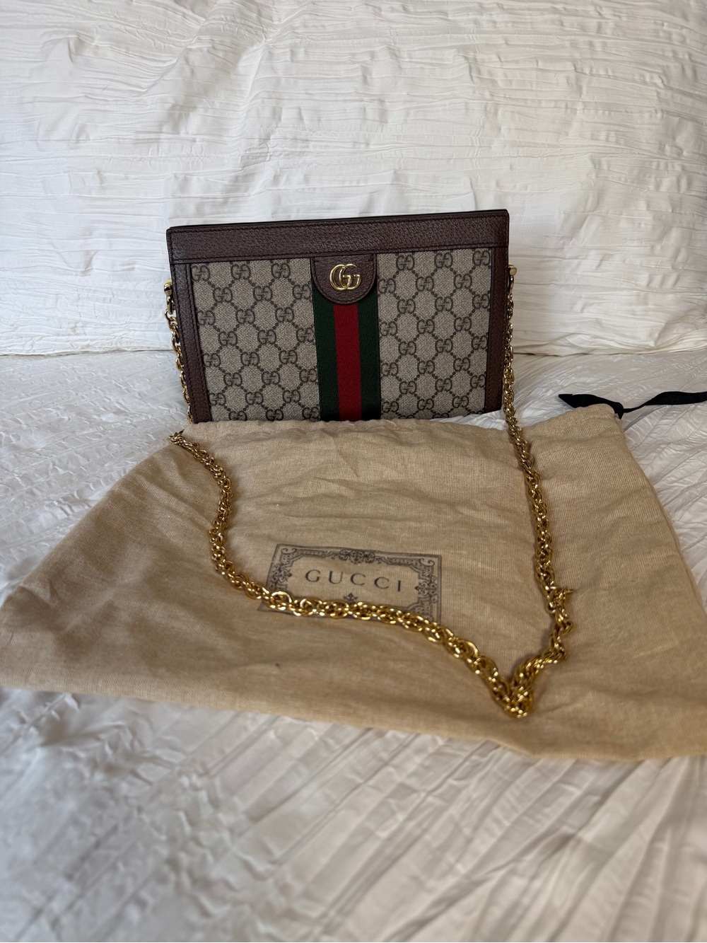 Gucci Ophidia Beige GG Canvas Shoulder Bag with Green-Red Web and Gold Chain
